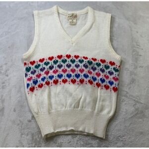 Vintage 90s Mister Noah Womens Medium Cream Heart Print Sweater Vest V Neck Knit